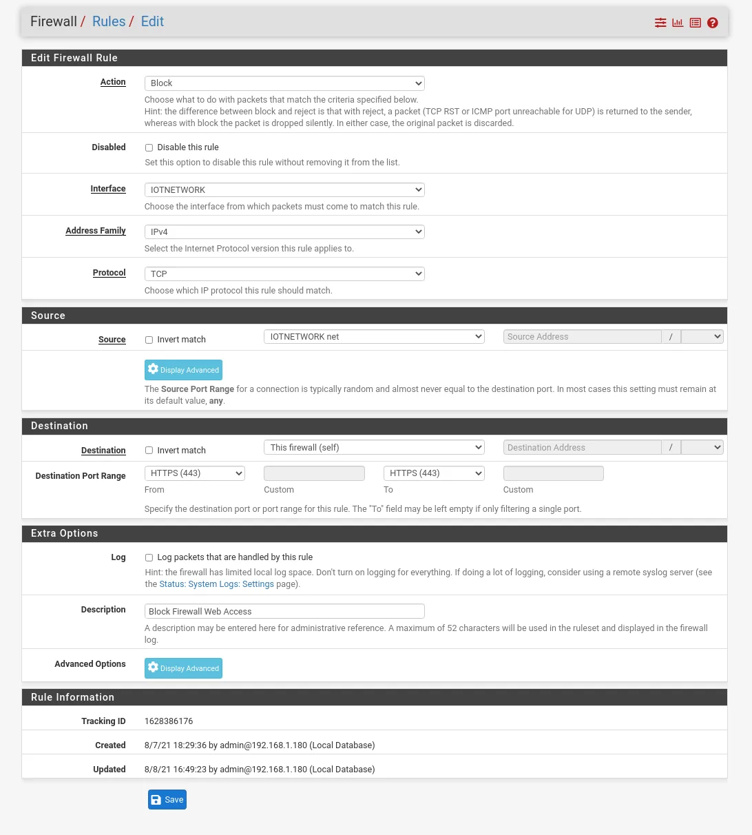 pfSense firewall rule blocking IOT VLAN access to the router web admin