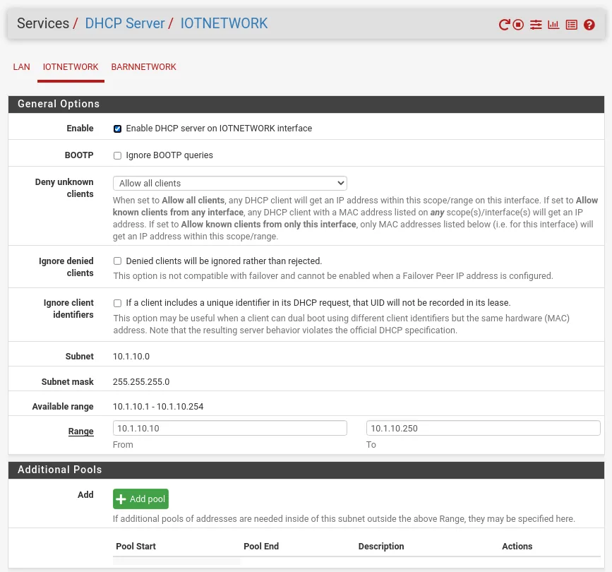 pfSense DHCP server settings for the IOT VLAN