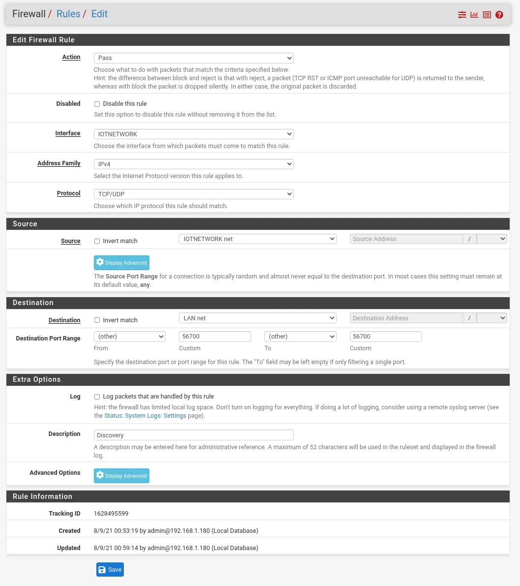 pfSense firewall rule allowing LIFX port 56700 from the VLAN to the LAN