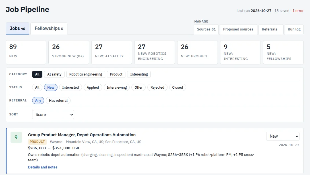 Job Pipeline tracker showing new-job counts by category, filters, and a saved listing with its score of 9 and a one-line reason